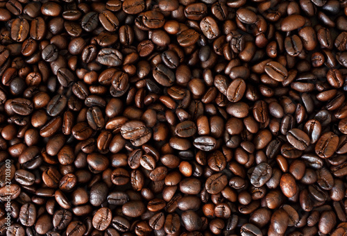 Roasted coffee beans,Coffee bean background,Dark Roasted Coffee,top view.