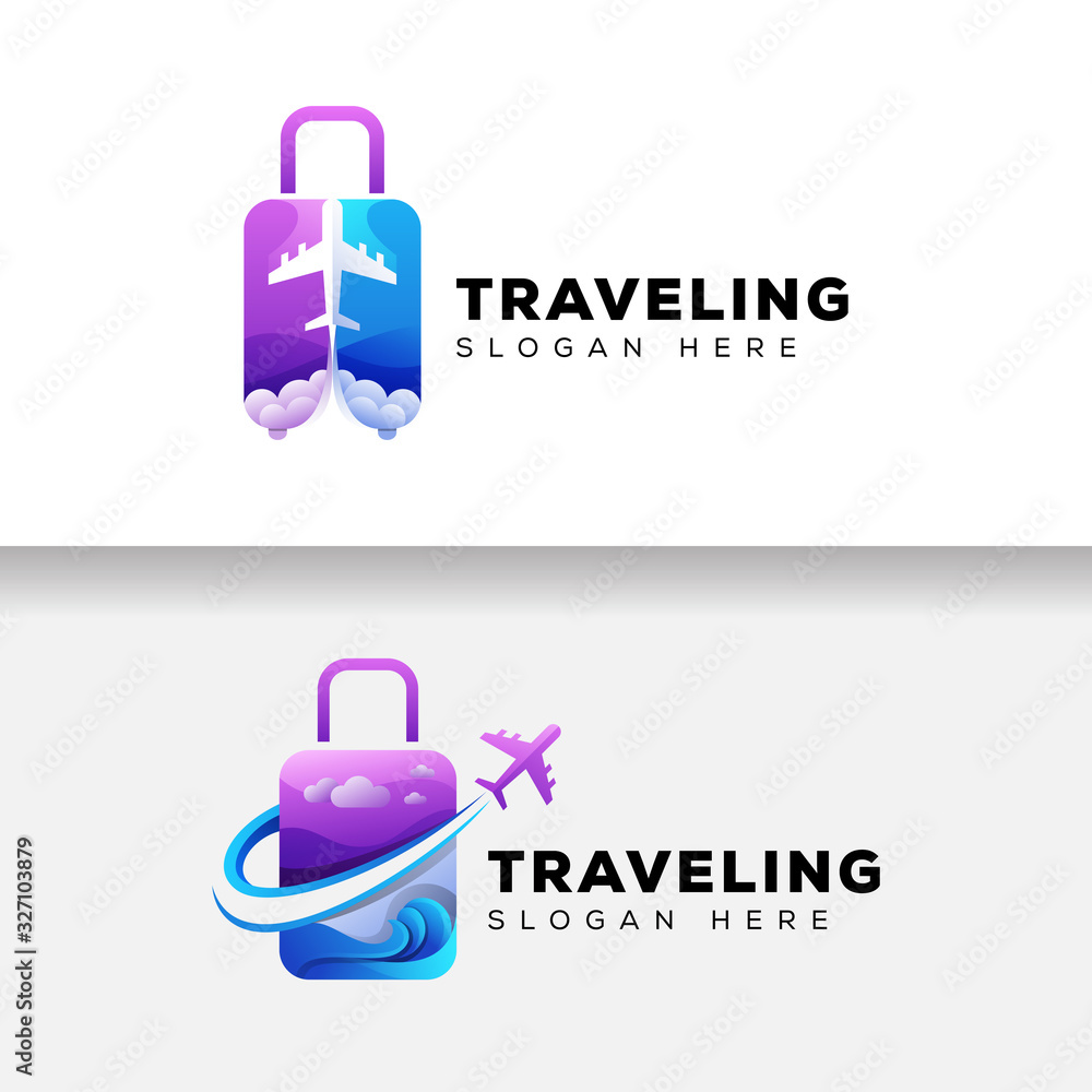 colorful suitcase traveling logo, plane holiday logo design vector template