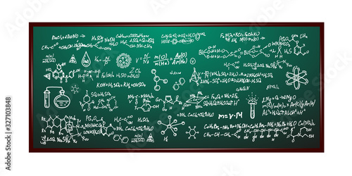 Blackboard with inscriptions .Chemical formula on whiteboard.Scientific and education background.School writing board .Vector illustration. 