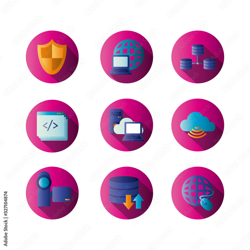 Technology and internet block gradient style icon set vector design Technology and internet block gradient style icon set vector design
