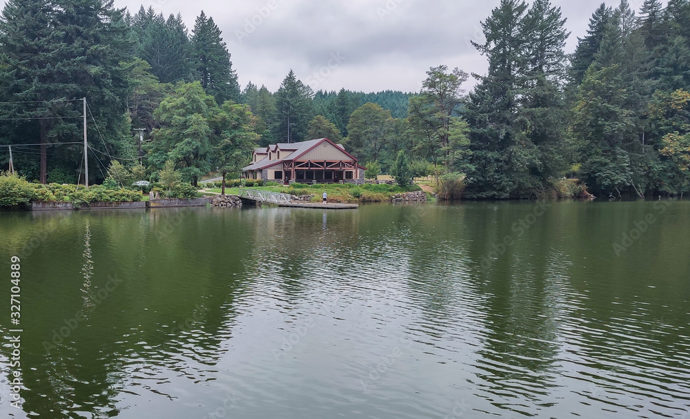 Fototapeta premium Wonderful Lacamas Lake on a breezy cloudy morning with the wilderness reflecting in the calm shimmering water in Camas Washington