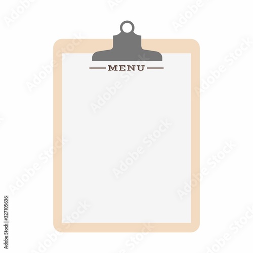 Blank restaurant menu template. Paper clipboard vector illustration