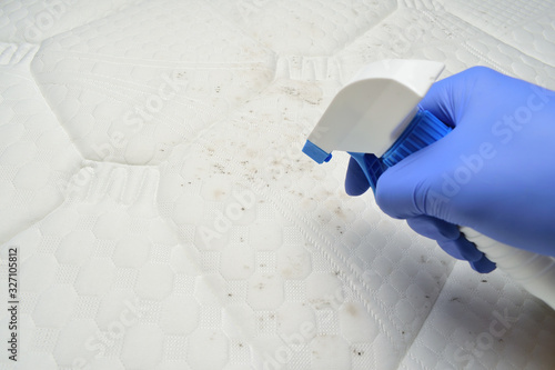 Cleaning a mattress fabric with a foam stain remover. Hand pulls a trigger. Foam cleaner spray.