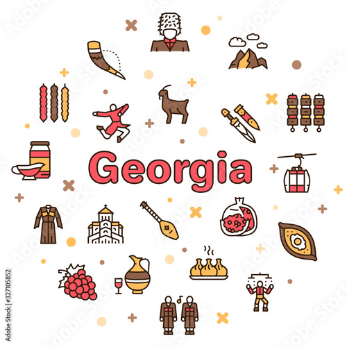 Georgia color linear icon set. Georgian culture, food and traditions