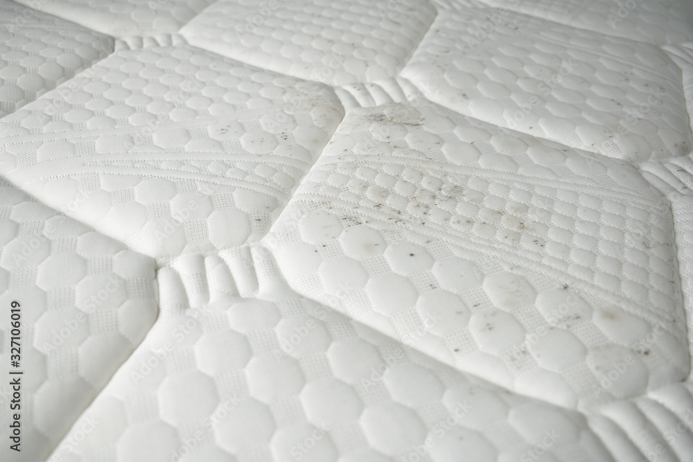 Fototapeta premium Mould on a mattress. Black stains on a white fabric.