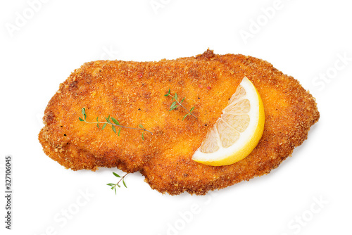 Homemade breaded chicken schnitzel . isolated on white background  