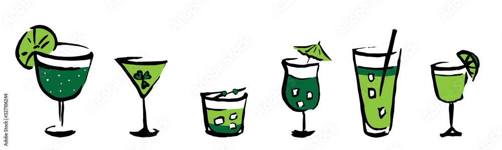 Collection set of icons: hand drawn line shape ink style green cocktail with a clover. Can be used as a card, poster, invitation, banner or restaurant menu for Saint Patrick day party. Collection set of icons: hand drawn line shape ink style green cocktail with a clover. Can be used as a card, poster, invitation, banner or restaurant menu for Saint Patrick day party.
