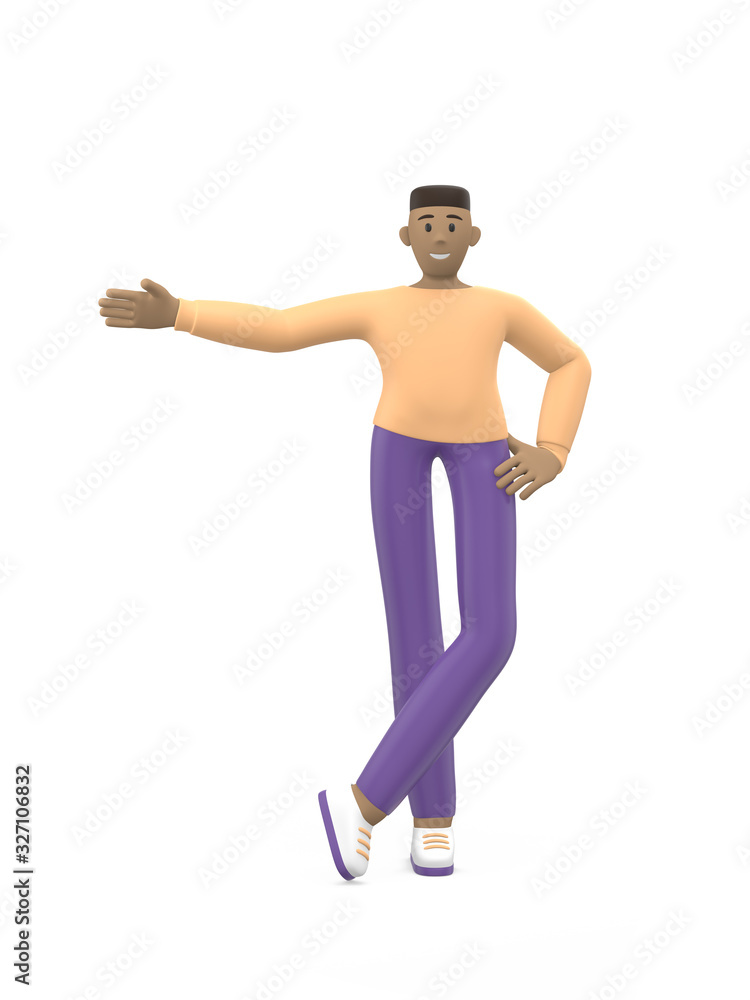 Young cheerful african guy stands arm to side. Positive character in casual colored clothes isolated on a white background. Funny, abstract cartoon man. 3D rendering.