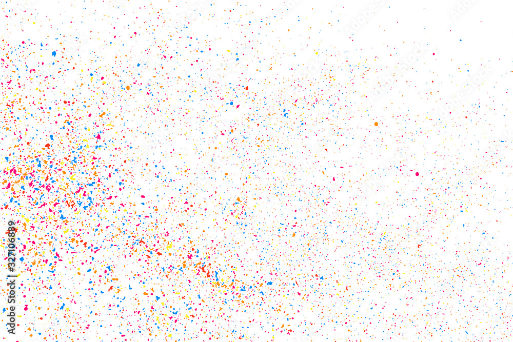 Fototapeta premium Abstract Explosion Of Confetti. Colorful Grainy Texture Isolated On White Background. Colored Stains And Blots. Vector Overlay Elements. Digitally Generated Image. Illustration, Eps 10.