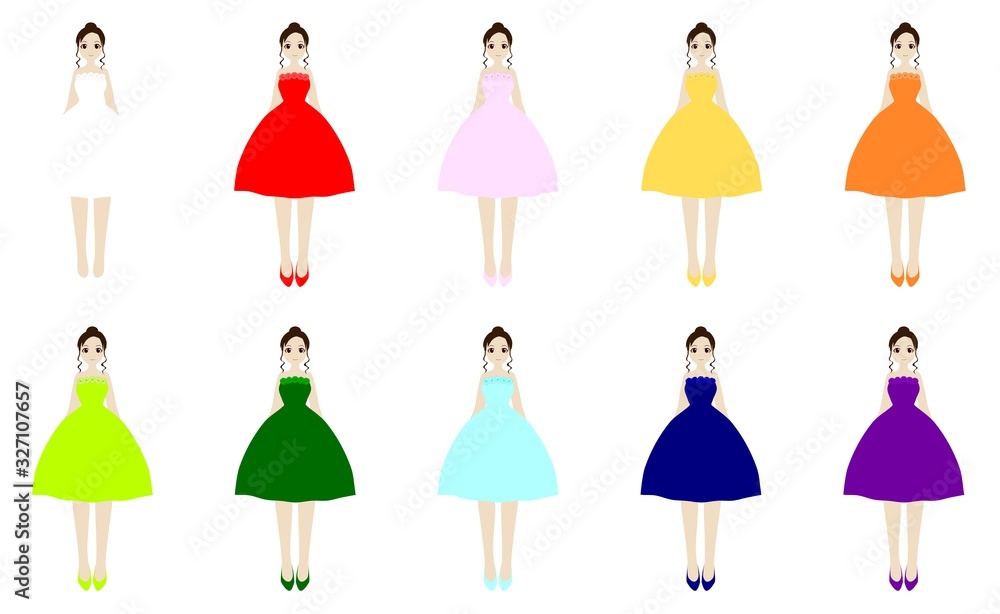 さまざまな色のミニスカートのドレスを着た女性