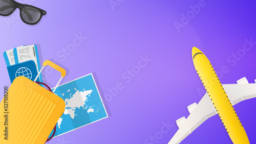 Background for travel banner. World map, passport, airline tickets, sunglasses, toy airplane, yellow travel suitcase. Poster with place for text. Vector