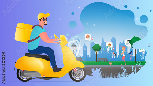 Food delivery banner. A guy riding a scooter with a box on his back. Ecological food delivery concept. A moped with delivery rides through the park. Park with people. Vector illustration