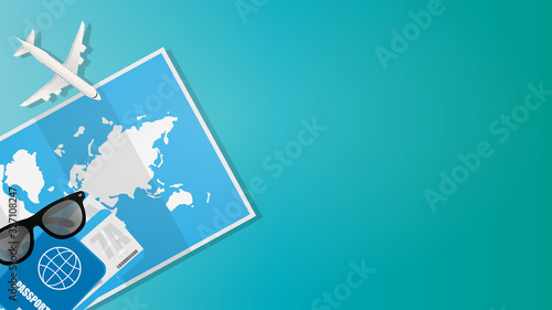 Background for travel banner. World map, passport, airline tickets, sun glasses, toy airplane. Poster with place for text. Vector.
