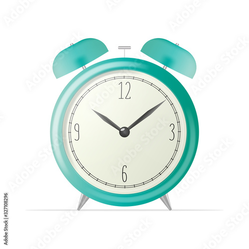 Realistic desk clock. Coral color alarm clock isolated on a white background. Retro watch. Windy illustration.