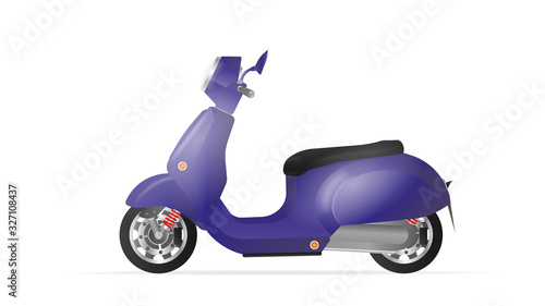 Realistic yellow moped in the old style. Purple scooter isolated on a white background. Vector illustration.