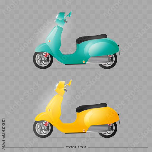 Realistic moped in the old style. Yellow and blue old scooter. Element for design of delivery. Transport. Vector illustration.