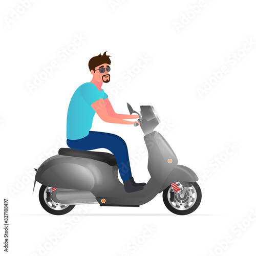 The guy is riding a scooter. A man on a moped is isolated on a white background. Vector illustration.