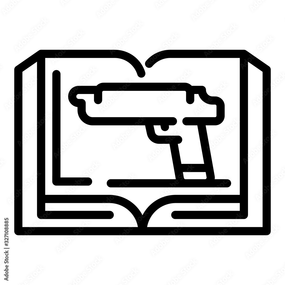 Book and gun icon. Outline book and gun vector icon for web design isolated on white background Book and gun icon. Outline book and gun vector icon for web design isolated on white background