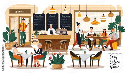 People in cozy cafe, coffee shop interior, customers and waitress, vector illustration. Stylish coffee house with cozy atmosphere. Smiling friends meeting in cafe and talking over a cup of tea