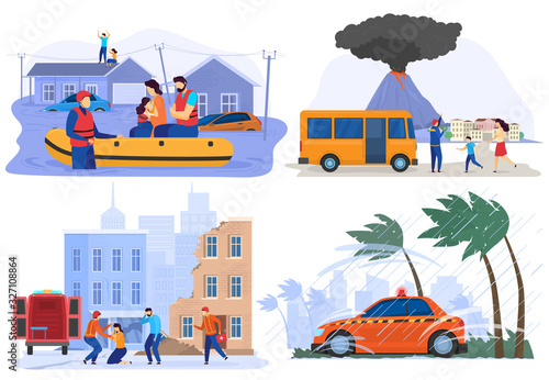 Emergency evacuation victims of natural disasters, flood, earthquake and volcano eruption, vector illustration. People rescue from storm, hurricane, typhoon. Extreme weather cataclysm natural disaster