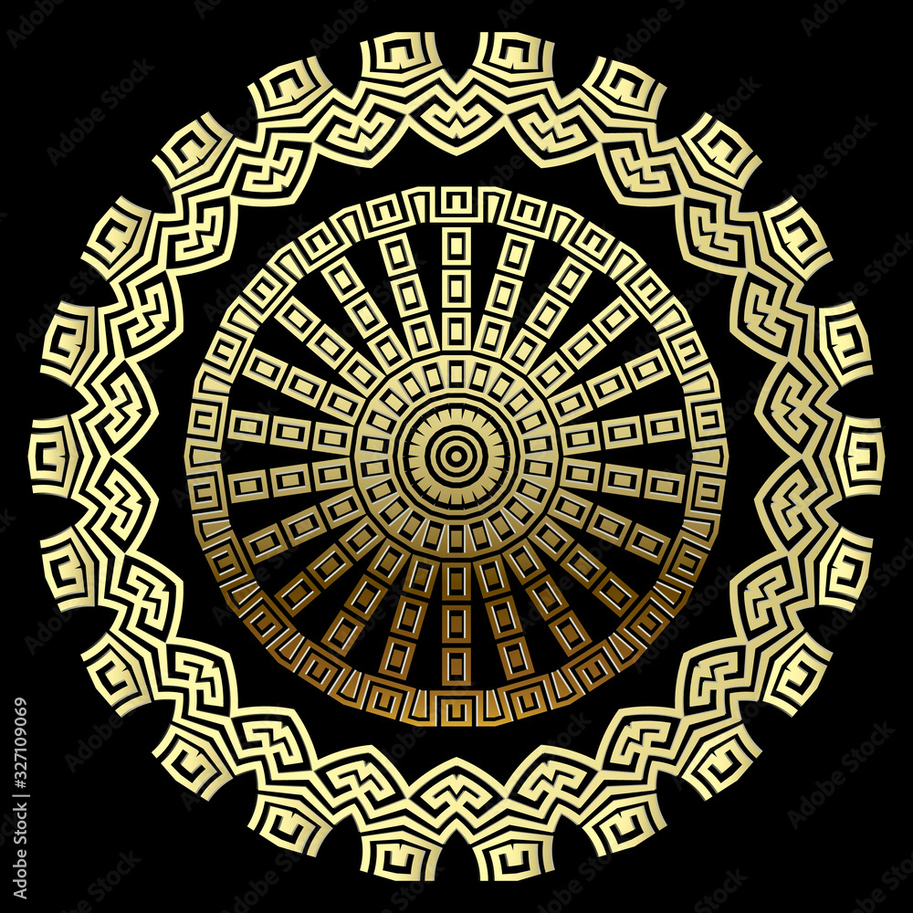 Gold 3d greek vector round mandala pattern. Ornamental abstract background. Tribal ethnic geometric repeat backdrop. Golden greek key meanders beautiful mandala ornaments. Ornate modern radial design
