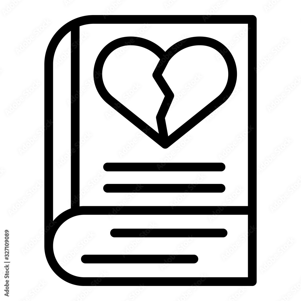 Book and broken heart icon. Outline book and broken heart vector icon for web design isolated on white background Book and broken heart icon. Outline book and broken heart vector icon for web design isolated on white background