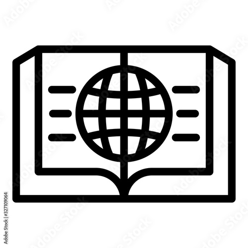 Open book and globe icon. Outline open book and globe vector icon for web design isolated on white background