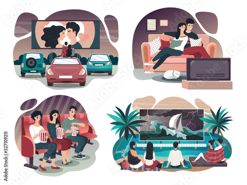 People watching film in movie TV theater, outdoor cinema and at home, vector illustration. Group of friends, romantic couple watch movie together, man and woman cartoon character. Film premiere in