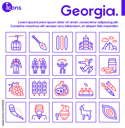 Georgia color linear icon set. Georgian culture, food and traditions