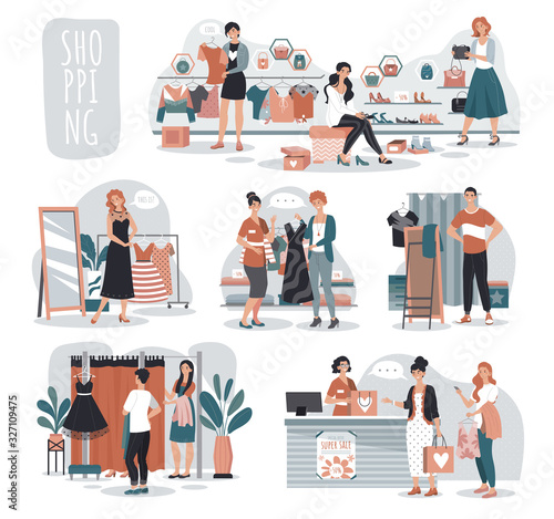 Woman shopping in fashion store, people in boutique, vector illustration. Cartoon characters choosing clothes in fashion shop, woman trying on dress and shoes. Clothes collection sale in boutique