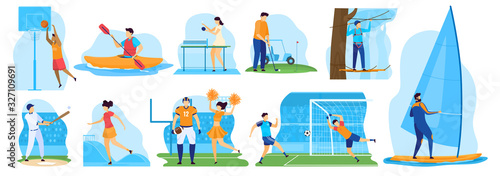 Active sport, people playing basketball and golf, vector illustration. Men and women with active lifestyle, professional sport players. Baseball, tennis, kayaking and windsurfing