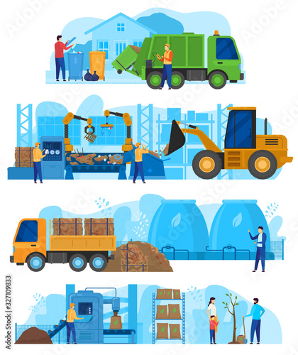 Waste processing factory, garbage recycling industry, vector illustration. People work at garbage sorting station, stages of waste recycling process from trash bin to compost for tree. Ecology concept
