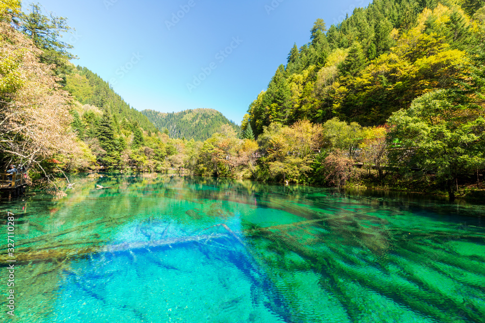 Travel in China. Early morning at jiuzhaigou scenic spot, sichuan province, China.