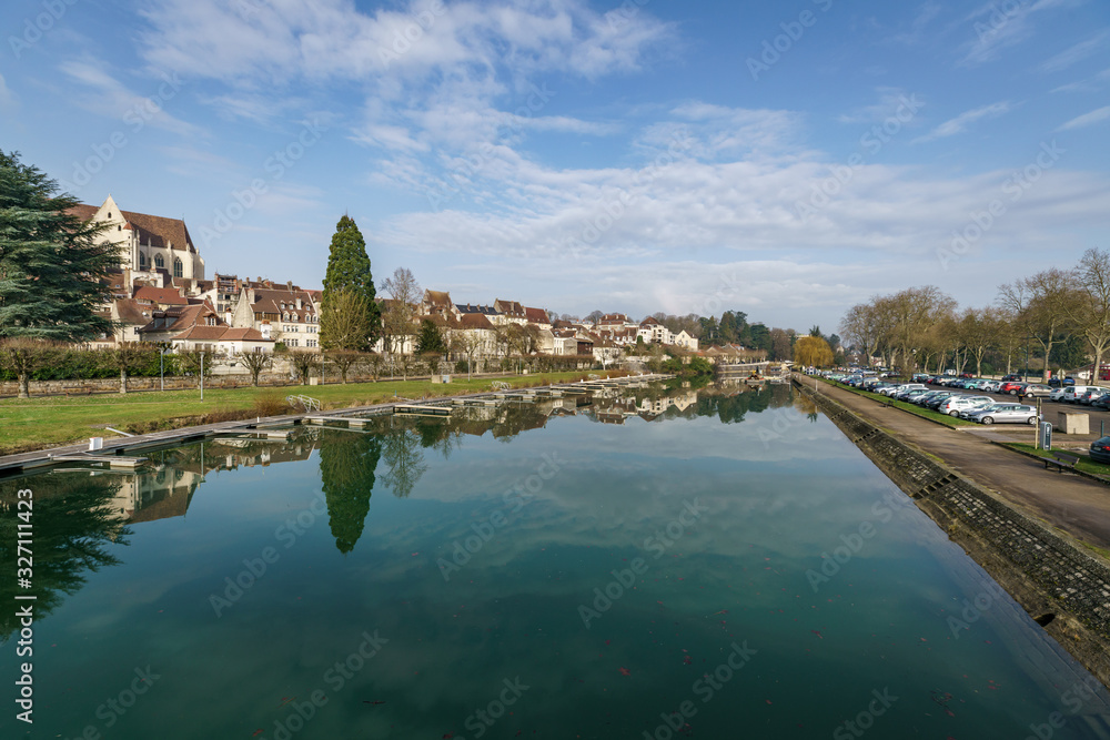 Ancient French classic medieval town with river in front, Dole, Burgundy, France