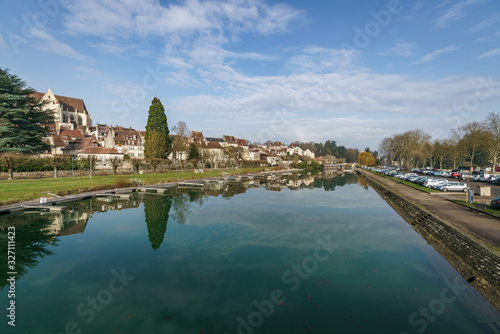 Ancient French classic medieval town with river in front  Dole  Burgundy  France