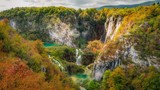 Waterfalls and streams in Plitvice Lakes National Park in autumn, Croatia