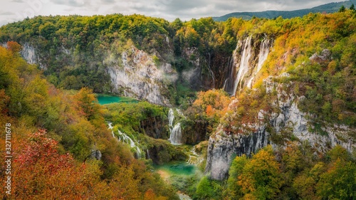 Waterfalls and streams in Plitvice Lakes National Park in autumn, Croatia