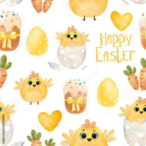 Easter pattern. Easter chick  easter  easter eggs and carrots isolated on a white background. Watercolor print