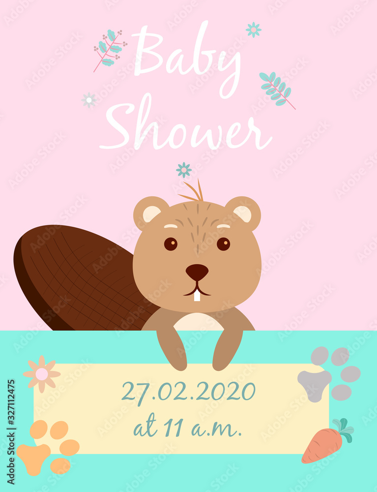 Baby cards for Baby shower. Beaver. Postcard or party templates in blue and pink with charming animals. Baby cards for Baby shower. Beaver. Postcard or party templates in blue and pink with charming animals.