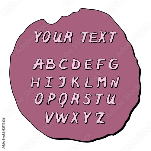 Latin alphabet with ragged pink letters. The letters are located on an uneven purple substrate. Isolated over white background. Textured font with black shadow. English retro alphabet