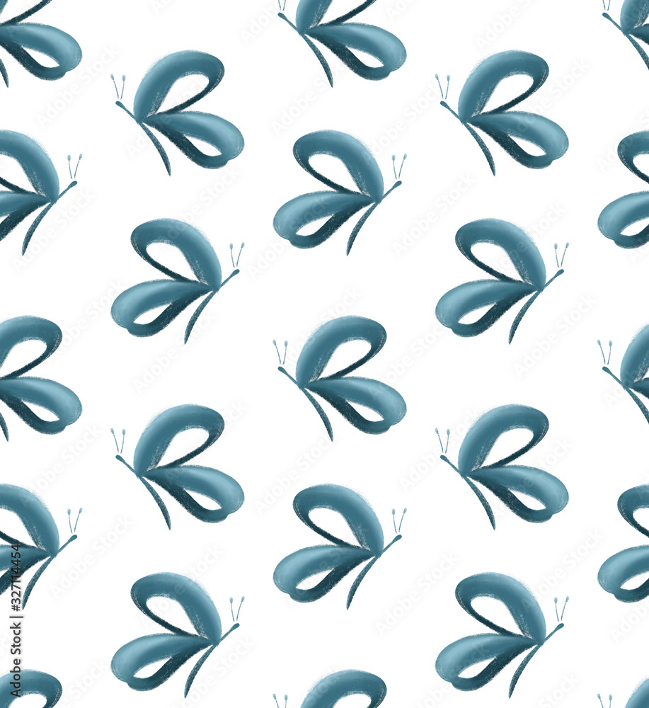 Obraz premium Geometric gouache hand painted seamless butterfly pattern in blue, white and teal