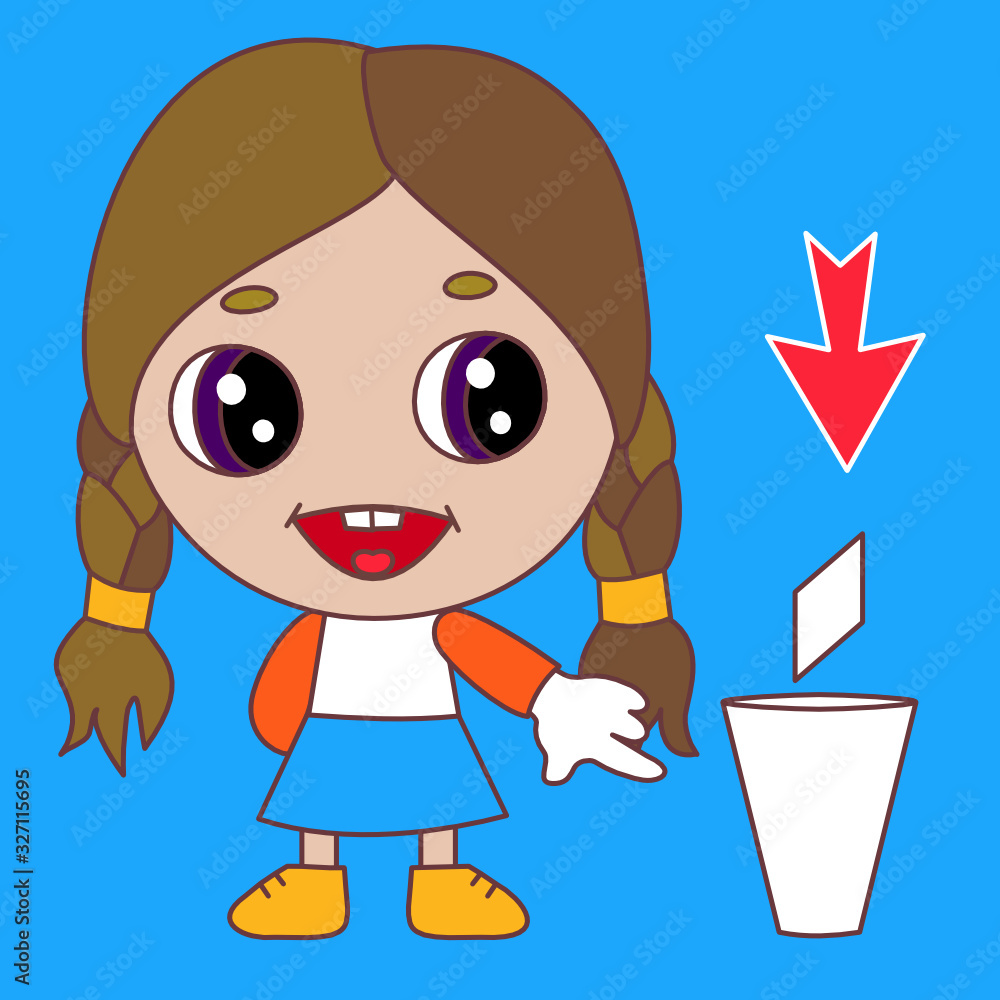 Emoticon with a cool chibi girl that points with an index finger to the urn where it is necessary to throw garbage, blue vector emoji Emoticon with a cool chibi girl that points with an index finger to the urn where it is necessary to throw garbage, blue vector emoji