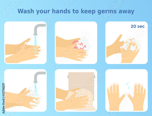Vector illustration 'Wash your hands to keep germs away'. Set of 6 icons of washing hands step by step. Handwashing infographic. Colorful instruction for health posters, memos, banners.