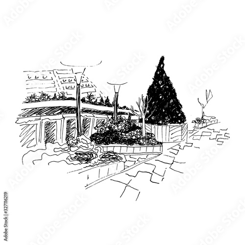 Urban landscape sketch. City street with Christmas tree, flowerbeds and shopwindows.