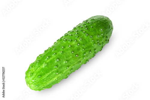 Crispy fresh green cucumber close-up on a white background.