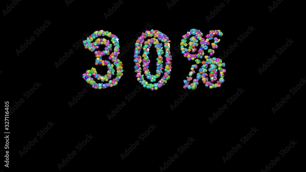 30% written in 3D illustration by colorful small objects casting shadow on a black background 30% written in 3D illustration by colorful small objects casting shadow on a black background