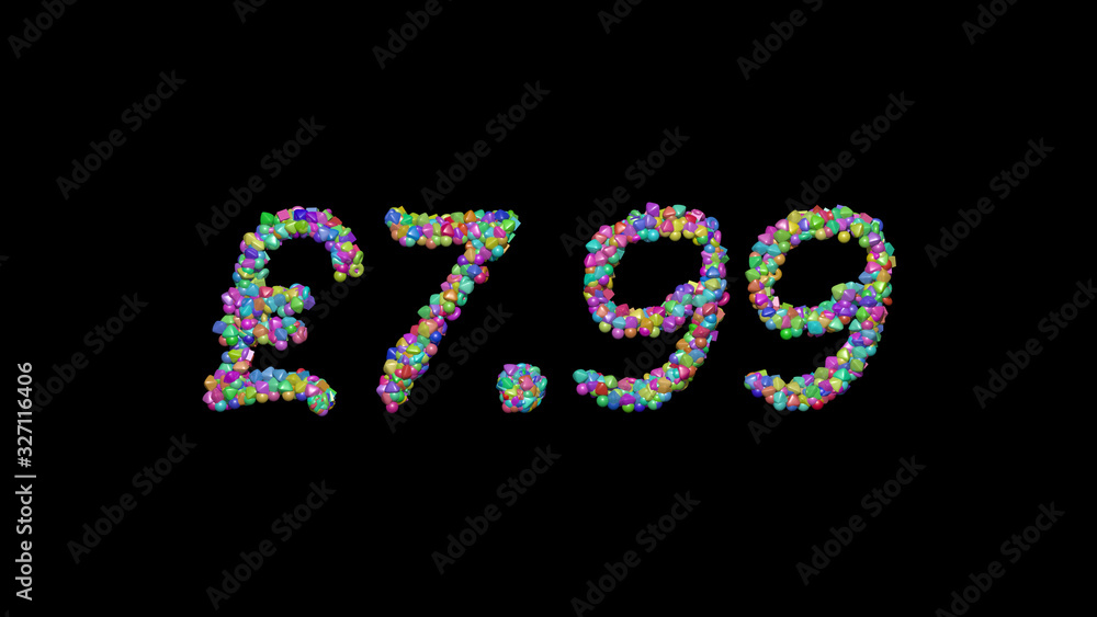 £7.99 written in 3D illustration by colorful small objects casting shadow on a black background