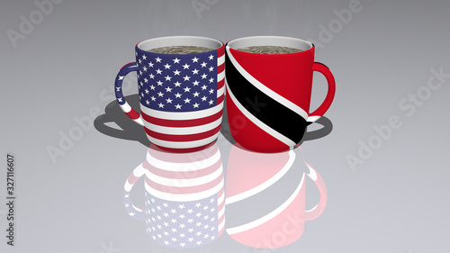 UNITED STATES OF AMERICA AND TRINIDAD AND TOBAGO placed on a cup of hot coffee in a 3D illustration mirrored on the floor with