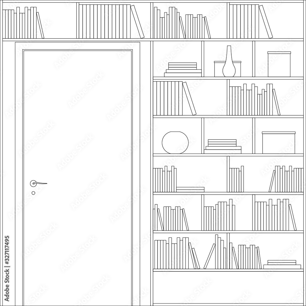 2D black and white CAD drawing of the bookshelf from the front