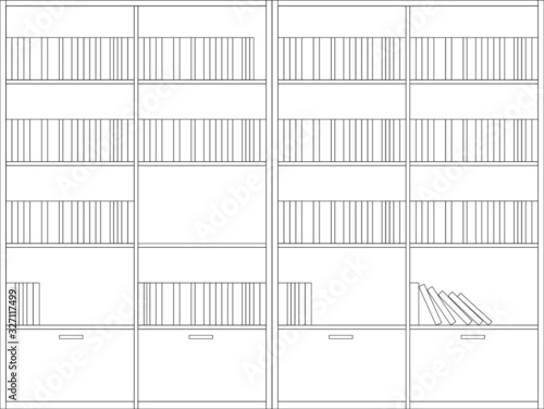 2D black and white CAD drawing of the bookshelf from the front elevation view.